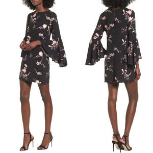 Leith Nordstrom Black Floral Ruffle Bell Sleeve Shift Mini Dress Women’s Size XS